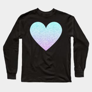 Light Blue and Purple Ombre Faux Glitter Heart Long Sleeve T-Shirt